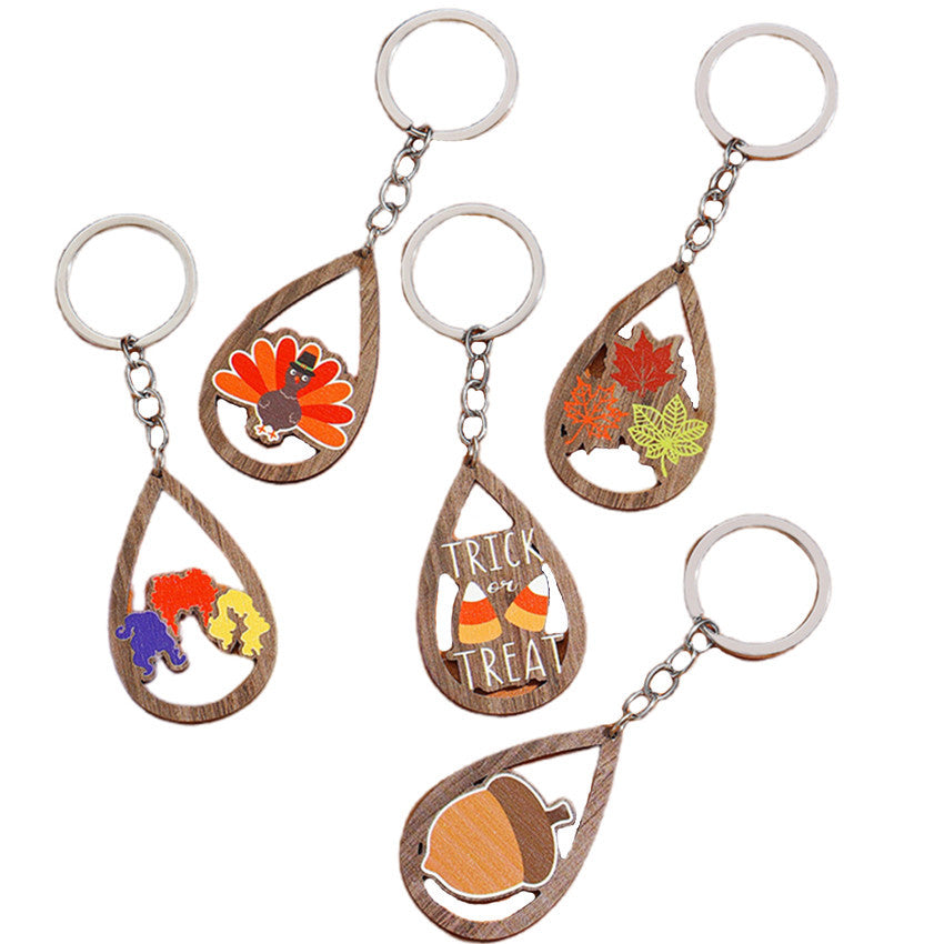 Wholesale Thanksgiving Water Drop Wooden Printed Turkey Maple Leaf Keychain